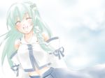  :d ^_^ ^o^ bare_shoulders closed_eyes detached_sleeves frog_hair_ornament green_hair hair_ornament kochiya_sanae long_hair nontraditional_miko open_mouth simple_background smile solo touhou usa-neko very_long_hair white_background 