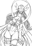  angel angel_wings angewomon breasts digimon dress greyscale helmet large_breasts leather_suit long_hair monochrome nakagami_takashi ribbon smile solo white_hair wings 