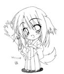  animal_ears broom chibi dog_ears dog_tail duplicate fang greyscale japanese_clothes lineart miko monochrome original otamon solo tail 