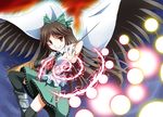  brown_hair danmaku magic reiuji_utsuho ribbon skirt smile solo touhou tri wings 