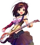  bare_shoulders brown_eyes brown_hair earrings guitar hairband highres instrument jewelry medium_hair microphone midriff navel necklace non-web_source orange_hairband skirt smile solo standing suzumiya_haruhi suzumiya_haruhi_no_yuuutsu 