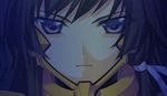  armor black_hair bou close-up dark face game_cg hair_ribbon long_hair looking_at_viewer muvluv muvluv_altered_fable portrait purple_eyes ribbon solo takamura_yui tress_ribbon 