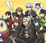  4girls amagi_yukiko androgynous animal_ears bad_id bad_pixiv_id black_hair blue_eyes blue_hair brown_eyes brown_hair cabbie_hat doujima_nanako game_console grey_eyes grey_hair hanamura_yousuke hat headphones kujikawa_rise kuma_(persona_4) long_hair multiple_boys multiple_girls najo_(nasuno) narukami_yuu persona persona_4 playing_games playstation red_hair reverse_trap satonaka_chie school_uniform shirogane_naoto short_hair smile tatsumi_kanji twintails 