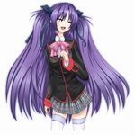  :d ^_^ bad_id bad_pixiv_id bow closed_eyes couzone epic_hair little_busters! long_hair open_mouth pink_bow plaid plaid_skirt purple_hair sasasegawa_sasami skirt smile solo thighhighs very_long_hair zettai_ryouiki 