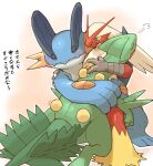  blaziken blonde_hair blue_eyes blush claws closed_eyes colored_sclera furry highres hug pokemon pokemon_(creature) sceptile smile starter_pokemon_trio swampert yellow_sclera zephy_03 