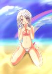  barefoot beach bikini day ikki_(dog_cafe) kneeling long_hair original purple_eyes rainbow silver_hair solo swimsuit 