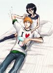  1girl artist_request bed black_hair bleach casual couple hetero kuchiki_rukia kurosaki_ichigo magazine orange_hair work_in_progress 