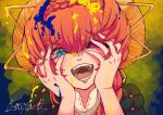  1girl black_sclera blue_eyes braid brown_hair colored_sclera crazy_smile crown_braid fate/grand_order fate_(series) hands_on_own_face hat heterochromia knyhks_zms long_hair looking_at_viewer mismatched_sclera open_mouth paint_in_hair paint_on_clothes paint_splatter paint_splatter_on_face portrait purple_eyes side_braid smile solo van_gogh_(fate) van_gogh_(first_ascension)_(fate) 