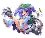  :o backpack bag blue_eyes blue_hair boots child cucumber extra_arms hair_bobbles hair_ornament hammer hand_on_headwear hat kawashiro_nitori key kurogarasu leather leather_boots mechanical_arm nobiiru_arm pocket screw skirt solo touhou twintails two_side_up wrench 