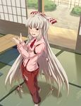  bad_hands bad_id bad_pixiv_id barefoot blush bow from_above fujiwara_no_mokou hair_bow hands long_hair mafu pants red_eyes ribbon shouji silver_hair sliding_doors smile solo standing suspenders sweatdrop table tatami touhou veranda very_long_hair 