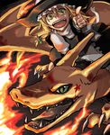  :d bad_id bad_pixiv_id blonde_hair blood bow charizard crossover fire gen_1_pokemon green_eyes hair_bow hat kirisame_marisa kuroda_(nanchara_flight) open_mouth pointing pokemon pokemon_(creature) ribbon riding smile solo star touhou witch witch_hat yellow_eyes 