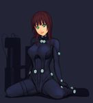  bad_id bad_pixiv_id blue_eyes bodysuit brown_hair gantz gantz_suit gun h-gun shimohira_reika sitting skin_tight solo weapon yuuji_(and) 