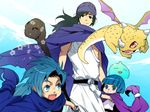  2boys blue_eyes blue_hair cape clooo dragon dragon_kid_(dragon_quest) dragon_quest dragon_quest_v flora's_daughter flora's_son gloves hero_(dq5) lowres multiple_boys slime_(dragon_quest) staff 