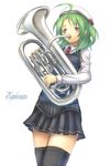  ahoge blue_eyes copyright_request cursive euphonium green_hair hat highres instrument necktie sabamu skirt solo thighhighs 