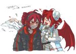  2girls ahoge anger_vein asymmetrical_wings black_coat blue_shirt blush capelet clenched_teeth closed_eyes coat drill_hair dual_persona feathered_wings hat hato_no_mune_wo_momitai headset heart kasane_teto kasane_teto_(sv) long_sleeves mini_hat mismatched_wings multiple_girls notice_lines open_clothes open_coat open_mouth red_eyes red_hair red_shirt shirt short_hair skirt sweat synthesizer_v teeth translation_request twin_drills twitter_username upper_body utau vest white_background white_skirt white_vest wings 