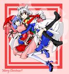  bat_wings bell bell_collar blue_hair boots braid christmas collar cow_bell hat high_heels highres izayoi_sakuya multiple_girls nabeyama_satoru red_eyes remilia_scarlet ribbon santa_hat shoes short_hair silver_hair thighhighs touhou twin_braids wings 