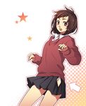  brown_eyes brown_hair directional_arrow dutch_angle imai641 long_sleeves nail_polish open_clothes open_skirt original panties school_uniform short_hair simple_background skirt solo star sweater underwear 