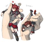  1other 2girls ahoge anger_vein arm_tattoo black_footwear black_shirt boots cheek_press closed_mouth cross-laced_footwear detached_sleeves drill_hair fang grey_jacket grey_skirt hato_no_mune_wo_momitai heart highres holding_miniperson jacket kasane_teto kasane_teto_(sv) lace-up_boots long_sleeves looking_at_viewer mini_person minigirl motion_lines multiple_girls one_eye_closed open_mouth red_eyes red_hair shirt short_hair skirt sleeveless sleeveless_shirt sweatdrop synthesizer_v tattoo twin_drills twitter_username utau 