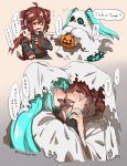  2girls ahoge aqua_eyes aqua_hair black_skirt blush detached_sleeves drill_hair eye_contact fangs flying_sweatdrops ghost_costume grey_background halloween halloween_bucket hands_on_another's_cheeks hands_on_another's_face hato_no_mune_wo_momitai hatsune_miku headset highres kasane_teto long_hair looking_at_another multiple_girls multiple_views open_mouth red_eyes saliva saliva_trail shirt short_hair skirt sleeveless sleeveless_shirt smile speech_bubble sweat tearing_up tongue tongue_out translation_request trick_or_treat twin_drills twintails twitter_username utau vocaloid wings yuri 