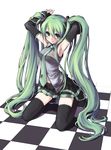  absurdres armpits arms_up checkered checkered_floor colorized detached_sleeves ginta green_eyes green_hair hatsune_miku highres long_hair navel necktie perspective saiste skirt solo thighhighs twintails very_long_hair vocaloid zettai_ryouiki 