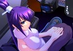  blue_eyes bou cockpit fur game_cg koubuin_yuuhi long_hair mecha muvluv muvluv_alternative ponytail purple_hair sitting solo 