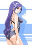  aono_miki ass blue_eyes blue_hair blush competition_swimsuit eyelashes fresh_precure! hairband impossible_clothes long_hair looking_back muhi11234 one-piece_swimsuit precure purple_eyes shiny shiny_clothes skin_tight smile solo standing swimsuit 