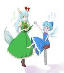  alcohol barefoot blue_eyes blue_hair bow cirno ex-keine formerly green_hair hair_bow horns kamishirasawa_keine long_hair multiple_girls red_eyes short_hair tail touhou translated wine wings 