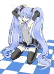  armpits bad_id bad_pixiv_id checkered checkered_floor colorized ginta hatsune_miku long_hair necktie perspective solo thighhighs tubaki twintails vocaloid 