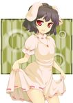  animal_ears black_hair bunny_ears carrot dress dress_lift flat_chest inaba_tewi jewelry naughty_face pendant red_eyes short_hair solo thighs tongue touhou uruu_gekka 