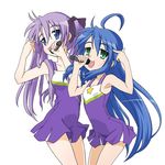  ahoge cheerleader eunos hiiragi_kagami izumi_konata lucky_star microphone mole mole_under_eye multiple_girls music purple_hair singing 