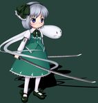  :3 aqua_skirt aqua_vest bad_id bad_pixiv_id blue_eyes dual_wielding ghost green_background green_footwear green_hairband green_ribbon hairband highres hitodama holding katana kirisaki_akihito konpaku_youmu konpaku_youmu_(ghost) ribbon short_hair silver_hair skirt solo sword touhou weapon 