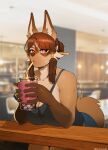2021 absurd_res anthro arm_support arms_bent artist_name bangs bendy_straw beverage biped blue_bottomwear blue_clothing blue_pants blurred_background bodily_fluids bottomwear breasts brown_body brown_fur brown_hair brown_tail canid cheek_tuft cleavage clothed clothed_anthro clothed_female clothing collarbone container cup dark_shirt dark_topwear detailed_background digital_media_(artwork) drinking_straw ears_up eyebrows eyelashes facial_tuft female female_anthro fluffy fluffy_tail fully_clothed fully_clothed_anthro fully_clothed_female fur furniture glistening glistening_breasts glistening_eyes glistening_hair hair hi_res holding_container holding_cup holding_object ice kambo kemono korean_description lenka_(janjin192) mammal off_shoulder open_mouth pants photo_background photography_(artwork) red_eyes solo sweat sweaty_face table tail text tuft yellow_straw