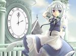  apron bad_id bad_pixiv_id blue_eyes bow braid clock cloud hair_bow hanabana_tsubomi hand_behind_head izayoi_sakuya neck_ribbon petticoat ribbon silver_hair sky smile solo touhou twin_braids waist_apron 