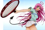  :d ahoge artist_request blush demon_tail foreshortening green_eyes hair_ornament highres lala_satalin_deviluke long_hair no_panties open_mouth peke pink_hair racket simple_background skirt smile solo sportswear tail tennis_racket tennis_uniform to_love-ru upskirt very_long_hair 