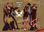  5boys androgynous arsene_lupin_iii bad_id bad_pixiv_id beard breasts cleavage cowboy_bebop crossover dog edward_wong_hau_pepelu_tivrusky_iv ein_(cowboy_bebop) facial_hair faye_valentine fedora formal goggles gun hat highres ishikawa_goemon_xiii jacket japanese_clothes jet_black jigen_daisuke katana lupin_iii medium_breasts mine_fujiko multiple_boys multiple_girls object_on_head pinky_out red_jacket reverse_trap shoe_dangle sideburns spike_spiegel suit sunglasses sword weapon welsh_corgi zz 