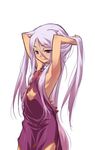  armpits arms_up artist_request blue_eyes dark_skin flat_chest hair_between_eyes hands_in_hair koihime_musou kougai lavender_hair long_hair solo very_long_hair waist_cutout younger 