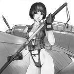  a6m_zero aircraft airplane black_hair breasts cleavage gloves greyscale hips katana kuratch medium_breasts monochrome original panties sheath short_hair solo sword thong underwear unsheathing vest weapon 