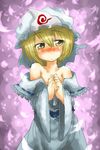 bare_shoulders blonde_hair blush cosplay face hands_together harusame_(unmei_no_ikasumi) hat lunasa_prismriver no_nose off_shoulder own_hands_together saigyouji_yuyuko saigyouji_yuyuko_(cosplay) short_hair solo touhou yellow_eyes 