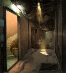  bad_pixiv_id cable copyright_request dilapidated dust hallway indoors light light_rays no_humans road scenery shade stairs street sunbeam sunlight trash_can urban vanishing_point yuanmaru 