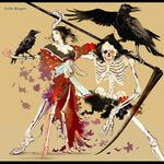  bare_shoulders bird japanese_clothes monster original raiu scythe skeleton torn_clothes 