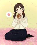  bad_id bad_pixiv_id bread brown_eyes brown_hair cherry_blossoms copyright_request eating food hands mosuko ribbon sitting skirt solo twintails wariza 
