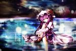  hat jum_(parallel_parasol) leg_hug long_hair patchouli_knowledge purple_eyes purple_hair ribbon sitting skirt soaking_feet solo touhou water 