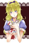  alice_(wonderland) alice_in_wonderland bad_id bad_pixiv_id bangs blonde_hair blue_nails bow cup hair_bow masato_(mst) nail_polish purple_eyes solo stain teacup 