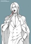  aqua_background artist_request blood coat formal glasses gloves hellsing knife licking long_hair luke_valentine male_focus monochrome overcoat simple_background solo spot_color suit vampire 