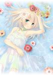  :d armpits bad_id bad_pixiv_id bare_shoulders blonde_hair blue_eyes blush bow camellia criss-cross_halter dress flower flower_wreath green_shorts hair_flower hair_ornament halterneck head_wreath looking_at_viewer lying on_back open_mouth original pan_(mimi) partially_submerged see-through shallow_water shorts shorts_under_dress smile solo thighhighs water wet wet_clothes wet_dress white_dress white_legwear 