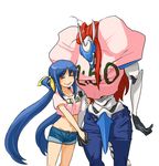  babydoll_t-shirt blue_hair clothes_writing commentary_request crop_top denim denim_shorts dizzy guilty_gear hair_ribbon hitotsubashi jeans justice_(guilty_gear) long_hair messy_hair midriff mother_and_daughter multiple_girls o_o orange_hair pants ribbon shorts smile twintails 