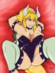  alternate_species animal_humanoid bowser bowsette_meme breasts cleavage clothed clothing grinn3r horn humanoid humanoidized koopa legwear lounging mario_bros nintendo princess_peach rubber scalie stockings super_crown video_games 