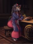  2018 anthro black_hair black_nose blizzard_entertainment canine clothed clothing detailed_background dress female flower flower_in_hair hair howlite long_hair mammal plant red_eyes rose sitting smile solo video_games warcraft were werewolf worgen 