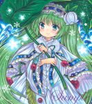  1girl blue_background blue_eyes blue_hairband cape capelet closed_mouth dress flower fur-trimmed_capelet fur_trim green_hair hair_flower hair_ornament hairband hatsune_miku holding holding_leaf holding_umbrella leaf leaf_umbrella long_hair long_sleeves marker_(medium) rui_(sugar3) sample smile snowbell_(flower) snowflake_print solo traditional_media umbrella very_long_hair vocaloid white_cape white_dress white_flower wide_sleeves yuki_miku yuki_miku_(2015) 