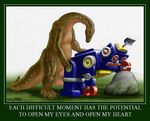  anthro balls bent_over border dinosaur duo erection eyes_closed from_behind interspecies machine male mechanical outside penis quote robot rock sauropod scalie sex simple_background swellzombie technophilia tin_toy_robot video_games 